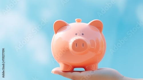 Holding a piggy bank against a soft blue backdrop with one hand. Generative AI © Gelpi