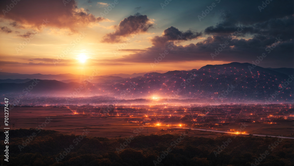 Cyber Defense Grid at Sunset: A sprawling cyber defense grid stretching across a vast landscape, silhouetted against a setting sun. generative ai