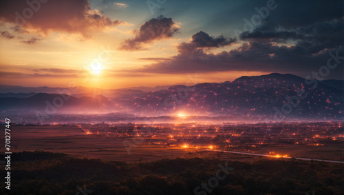 Cyber Defense Grid at Sunset: A sprawling cyber defense grid stretching across a vast landscape, silhouetted against a setting sun. generative ai © Bright