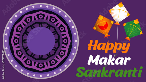Soaring Smiles: A Makar Sankranti Tri-Color Kite Festival, This vibrant vector celebrates Uttarayana with colorful, smiling Tri Colors kites flying against a purple backdrop. The intricate.