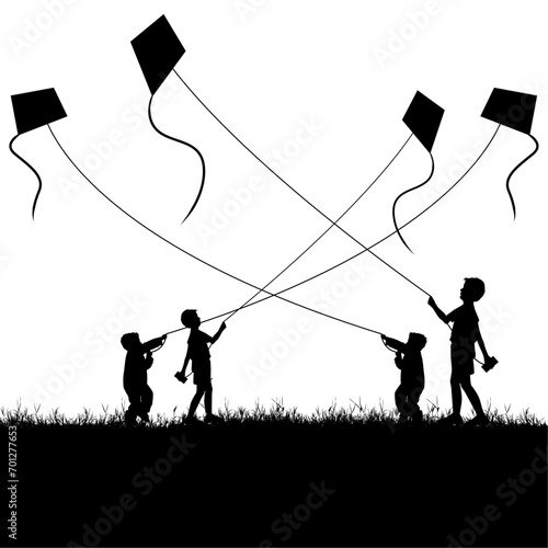 Silhouettes Soaring: Makar Sankranti's Kite-Flying Delight, This captivating vector celebrates Makar Sankranti with silhouettes of children immersed in the thrill of kite-flying.