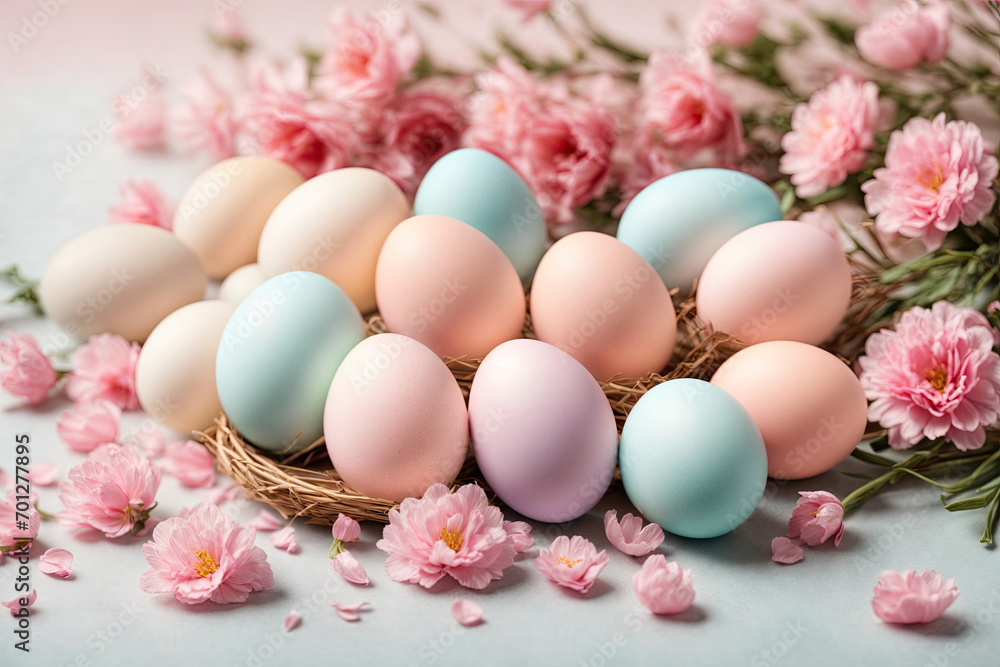 Colored Easter eggs in a basket and delicate pink flowers are laid out on a pastel background. Colorful pastel eggs, card, background for Easter.