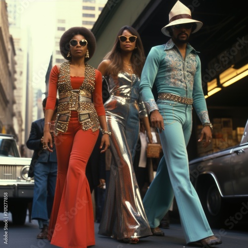 Nostalgic vibes: people embracing the eclectic fashion of the 1970s, a journey back in time through groovy styles, disco glamour, and free-spirited bohemian expressions.