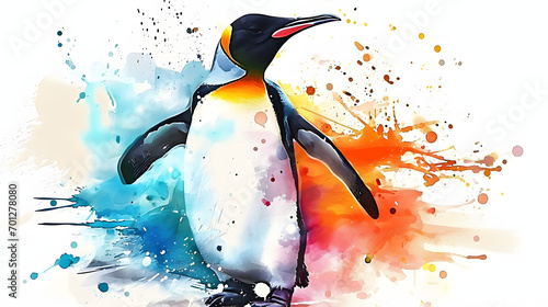 Watercolor penguin with colorful splashes on white background. .