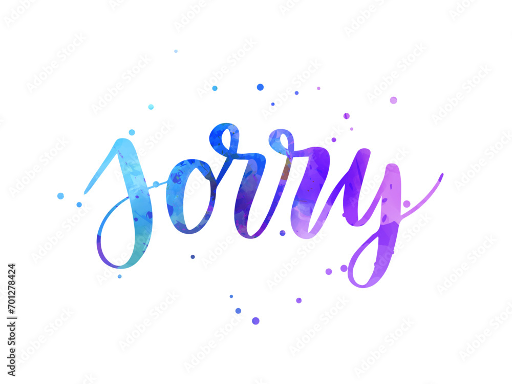 Sorry - handwritten modern watercolor calligraphy lettering. Purple and blue colored. Apology concept illustration.