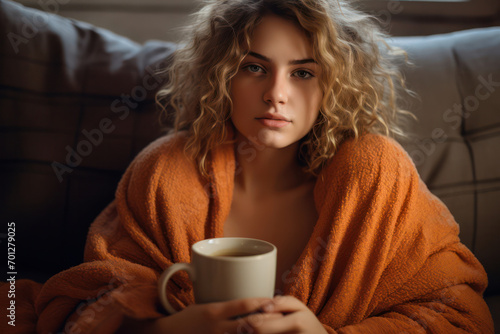 Cup of Serenity: A Young Female Enjoying a Hot Drink by the Window in a Cozy Bedroom.