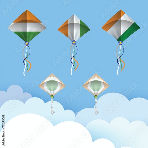 Makar Sankranti Sky Gala: Tri-Color Kites Dancing in Harmony, Celebrate Uttarayana with this vibrant vector! It features five kites, A symbol of aspiration and harmony, dancing amidst fluffy clouds.