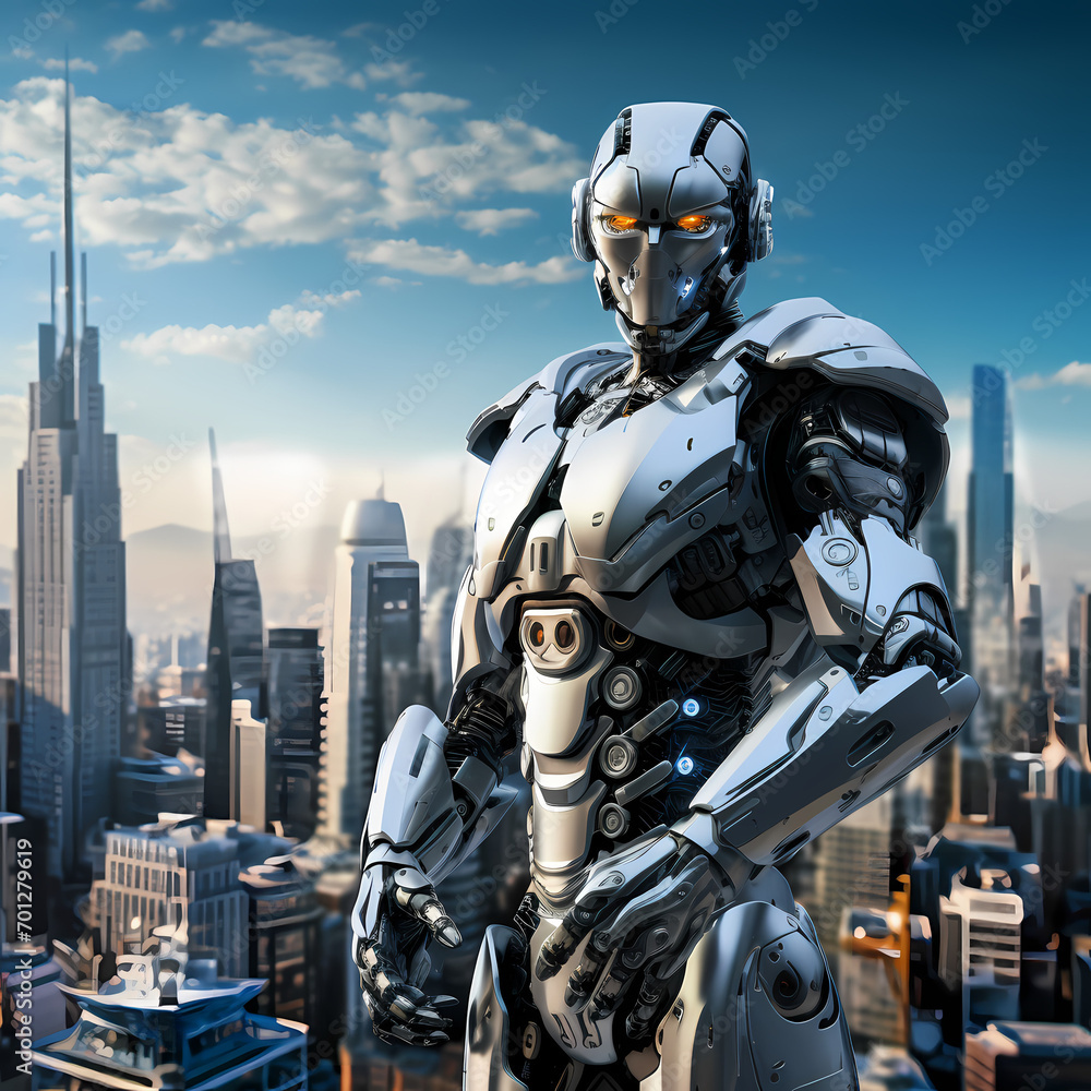 A futuristic robot with a cityscape in the background.