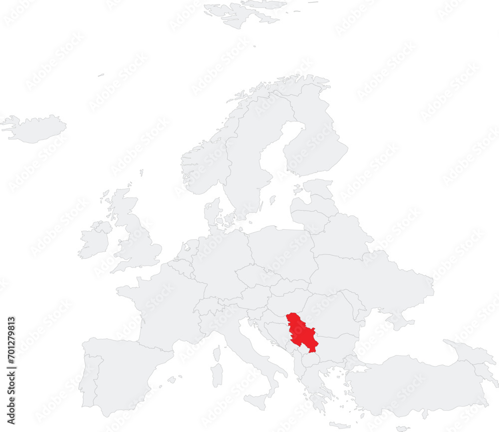 Fototapeta premium Red CMYK national map of SERBIA inside gray blank political map of European continent on transparent background using Robinson projection