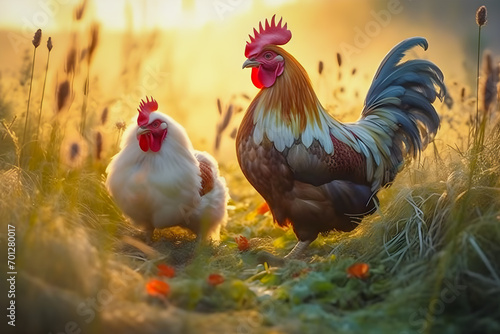 Rooster with hen in the meadow at sunrise, generative ai photo