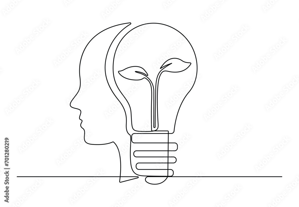 Single continuous line drawing of human head light bulb inside plant logo identity. Psychological mind intelligence logotype icon template concept. Pro vector. Single continuous line drawing of human head light bulb inside plant logo identity. Psychological mind intelligence logotype icon template concept. Pro vector.