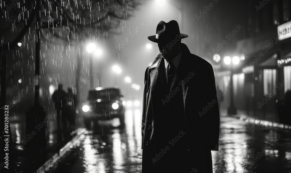 Mysterious man in trench coat and fedora standing under the rain at night, evoking noir film aesthetics - obrazy, fototapety, plakaty 