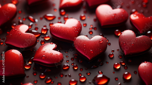 Valentine's Day concept with assorted red hearts and water droplets on a romantic crimson background