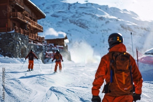 A group of skiers in bright orange ski suits on a track in the mountains. Ski resort in Alpe Devereaux, South Tyrol, Italy