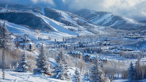 Winter landscape with a small village in the Carpathians, Ukraine. View of snow-covered picturesque houses at the foot of the mountains on a sunny day. Winter mountain resort photo