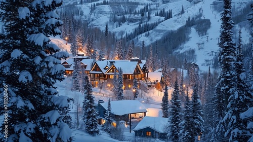 Winter in the Swiss Alps, Switzerland. Wooden houses in the mountains in the evening with lights on from the windows. A mountain resort in the winter mountains
