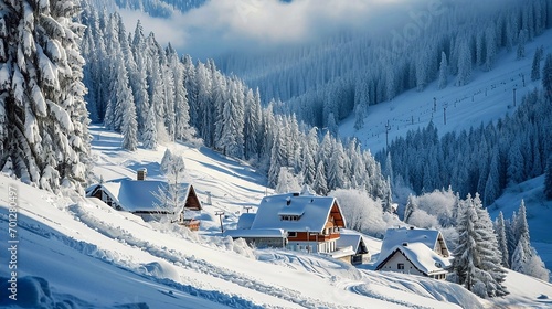 Wonderful winter landscape in the Swiss Alps, Switzerland. Ski resort in winter. Snow-covered houses in the mountains on a sunny day photo