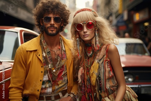 Nostalgic vibes: people embracing the eclectic fashion of the 1970s, a journey back in time through groovy styles, disco glamour, and free-spirited bohemian expressions.