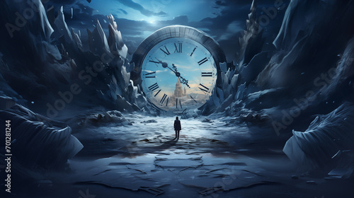Time travel Technology Background with Clock concept and Time Machine, Can rotate clock hands. Jump into the time portal in hours. Traveling in space and time
