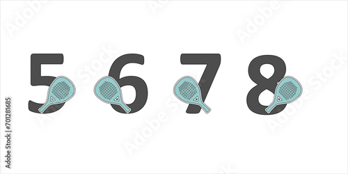 Numbers padel in a set 5 6 7 8  with the racket on the side 
