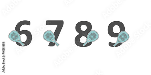 Numbers padel in a set 6 7 8 9 with the racket on the side
