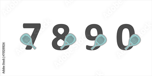 Numbers padel in a set 7 8 9 0 with the racket on the side