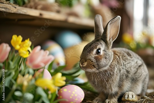 Easter Bunny with Easter eggs. Generative ai