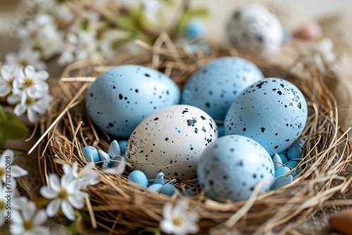 Happy easter template with blue, white rustic floral eggs, dotted background