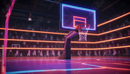Immersive virtual sport 3D render of a neon lit basketball fields side view photo