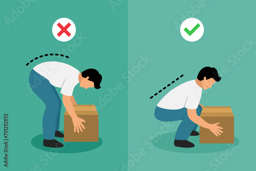 Lifting technique ergonomic for correct posture preventing back pain. Flat design illustration.
