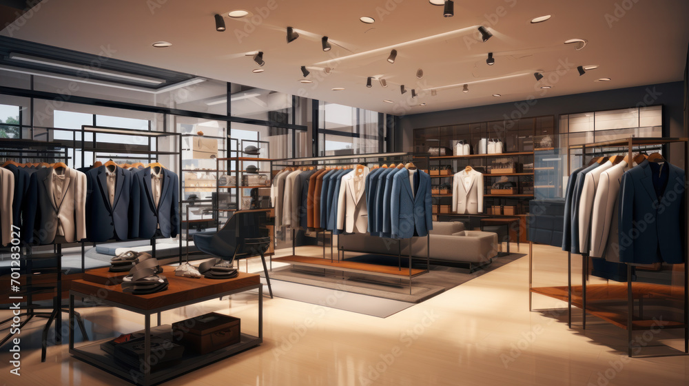Interior of stylish atelier with tailor workplace, mannequin and rack Interior of stylish atelier with tailor workplace, mannequin and rack