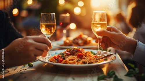 Couple enjoying food in an Italian restaurant. Close up photo of people's hands with glasses of wine on a blurred background.