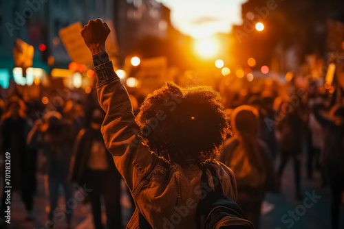 Silhouetted person raising fist at a protest with a crowd and warm sunset in the background, symbolizing activism and social movement