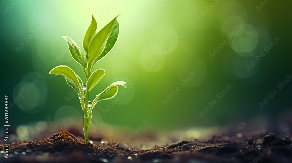 Panorama small tree growing with sunrise. Green world, earth day, and environment day concept Panorama small tree growing with sunrise. Green world, earth day, and environment day concept