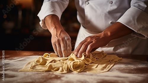 Close up photo of process of making homemade pasta. Chef cooking fresh italian traditional pasta. Food, profession concept.