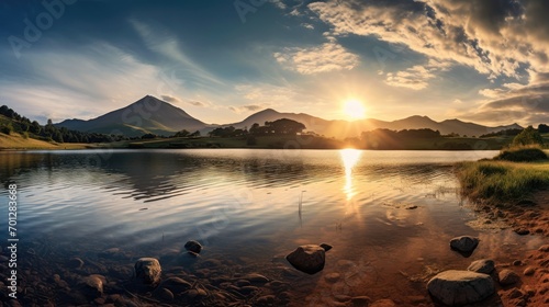 Lake in golden hour with mountains in the backdrop