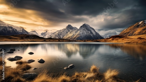 Lake with a snow-capped mountain backdrop