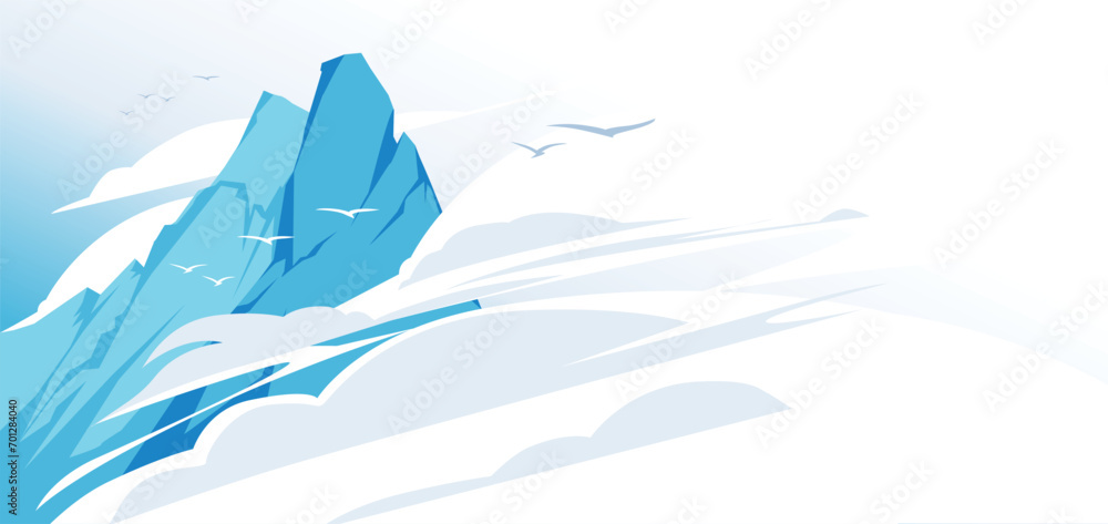 Mountains among the clouds landscape landscape. Web banner or site header. Blue and white. Vector flat illustration Mountains among the clouds landscape landscape. Web banner or site header. Blue and white. Vector flat illustration