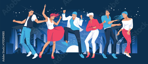 Young dancers against the background of night lights of the city. Club party or social event. Vector flat illustration.