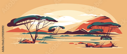 Sunset or sunrise Savannah landscape. Hot climate. Environmental protection and travel. Yellow and orange. Vector flat illustration