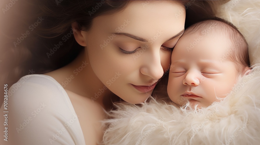 A young mom holds her newborn baby in her arms and sleep. Happy motherhood. A mother's love. Birth of a child. breastfeeding A young mom holds her newborn baby in her arms and sleep. Happy motherhood. A mother's love. Birth of a child. breastfeeding