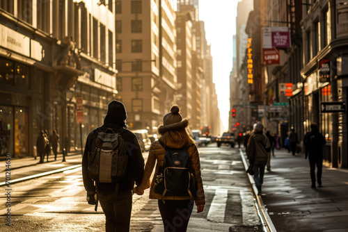 a tourist couple walking on the city street