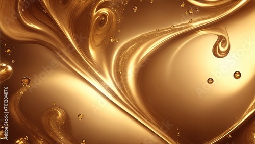 Gold Luxury swirls waves on Brown background. Shiny golden sparkling water droplets backdrop