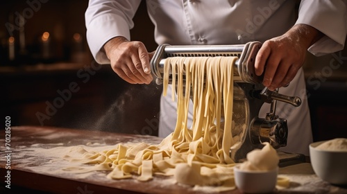 Male chef making pasta with machine at table in restaurant kitchen , closeup. Homemade fettuccine.