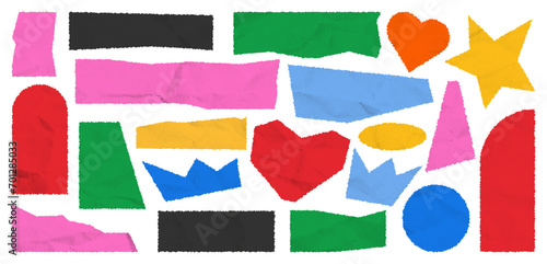 A set of pieces of torn paper. Multi-colored square frames with jagged edges and crumpled paper texture. Collage sticker, patchwork strip. Calligraphy border, isolated grunge header background.