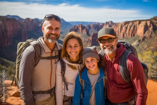 A happy, multigenerational family smiling together during a hiking trip in a mountainous desert landscape