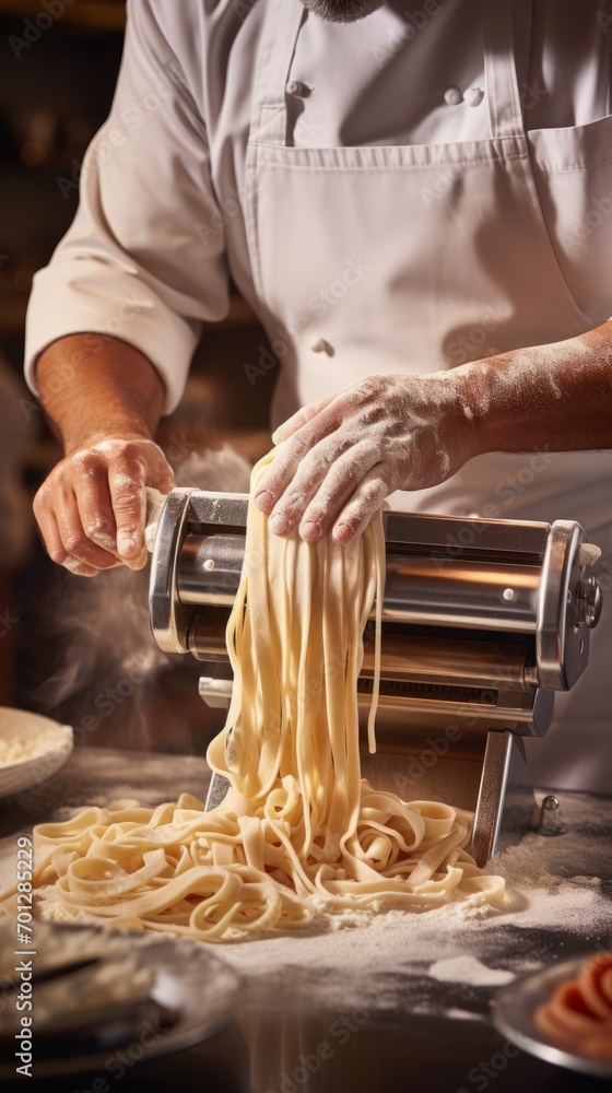 Cropped vertical photo of man chef is making pasta fettuccine with machine. Closeup of chef wearing apron using pasta maker in restaurant kitchen. Cropped vertical photo of man chef is making pasta fettuccine with machine. Closeup of chef wearing apron using pasta maker in restaurant kitchen.