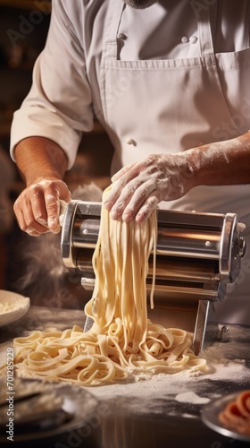 Cropped vertical photo of man chef is making pasta fettuccine with machine. Closeup of chef wearing apron using pasta maker in restaurant kitchen.