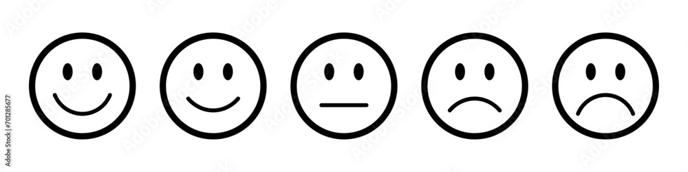 Rating emojis set in black with outline. Feedback emoticons collection. Very happy, happy, neutral, sad and very sad emojis. Flat icon set of rating and feedback emojis icons in black with outline. - obrazy, fototapety, plakaty 