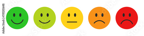 Rating emojis set in different colors. Feedback emoticons collection. Very happy, happy, neutral, sad and very sad emojis. Flat icon set of rating and feedback emojis icons in various colors.